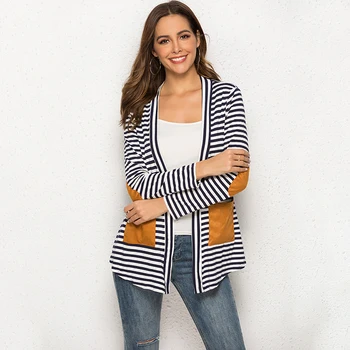 

2019 Spring Cardigan Women Long Sleeve Striped Printed Casual Elbow Pocket Patchwork Knitted Sweater Outerwear