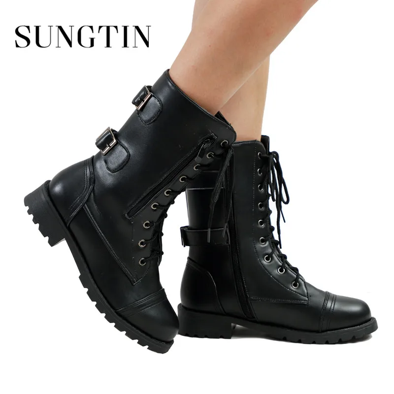 

Sungtin Hot Sale PU Leather Motorcycle Boots Women Casual Buckle Martin Boots Ladies Lace Up Mid-Calf Punk Boots Autumn Winter