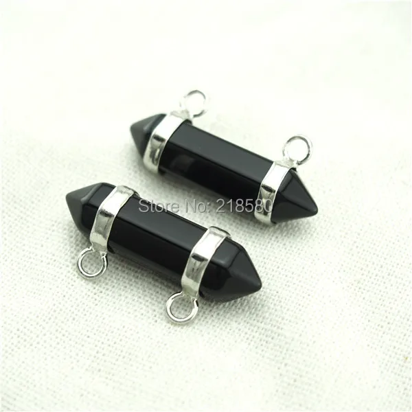 PM13287 Black Onyx Stone Double Terminated Point Pendant with  Gold Or Silver Electroplated Edging image_2