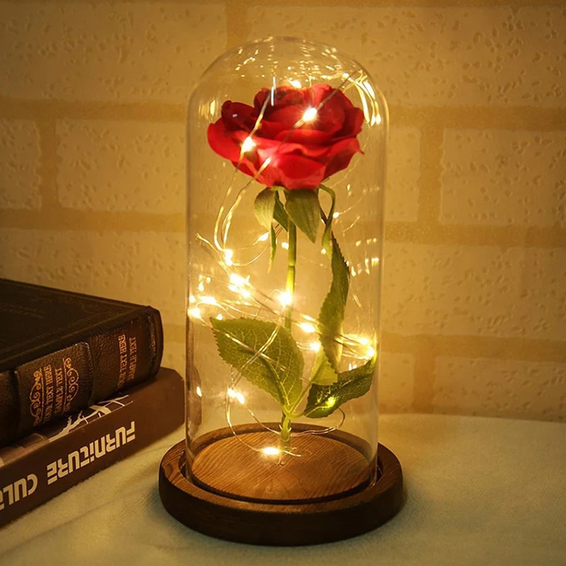 

Beauty and the Beast Rose Fairy Light Artificial Silk Rose with LED Light in Glass Dome For Party Valentine's Mother's Day Gift