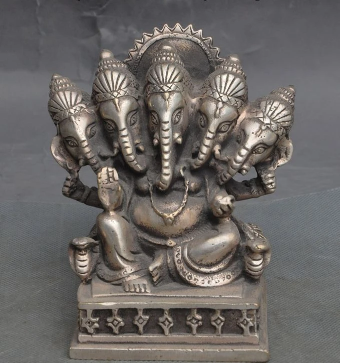 

Tibet Buddhism Silver 5 head 4 arms Elephant Jambhala Wealth god Buddha Statue