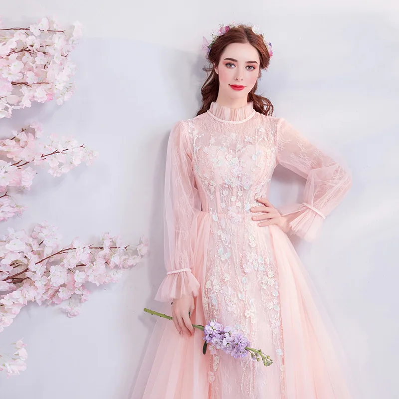 Новинка года; милое розовое кружевное платье принцессы с длинными рукавами для молодых мам; свадебное платье для банкета