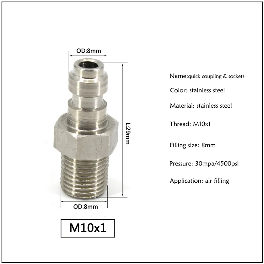 PCP Airforce высокое давление Пейнтбол M10x1 1/8 BSPP 1/8NPT 8 мм штекер нержавеющая сталь Air Fill