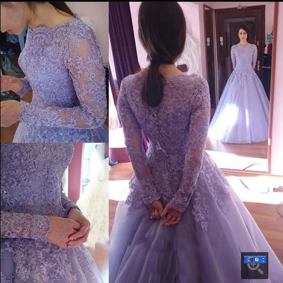 Cheap Custom Made vestido de noiva Lavender Wedding Gowns 2017 Long Sleeve Ball Gown Wedding Dresses Lace Appliques