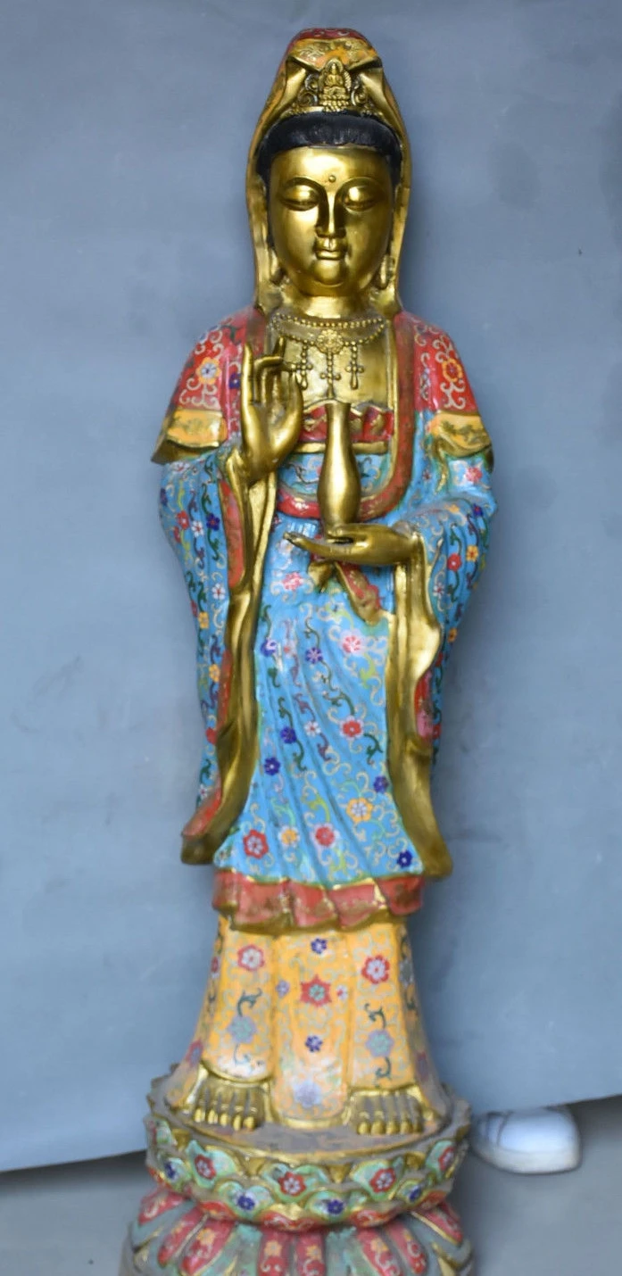 98CM Cloisonne Bronze 24K Gold Gilt Kwan yin Guan Quan Yin Boddhisattva