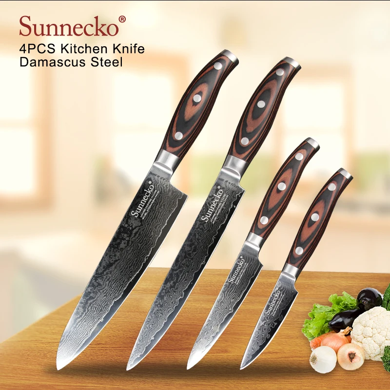 

SUNNECKO Damascus Steel Chef Slicing Utility Paring Knife Japanese Kitchen Knives Set Wood Handle Sharp Meat Fruit Cutting Tool
