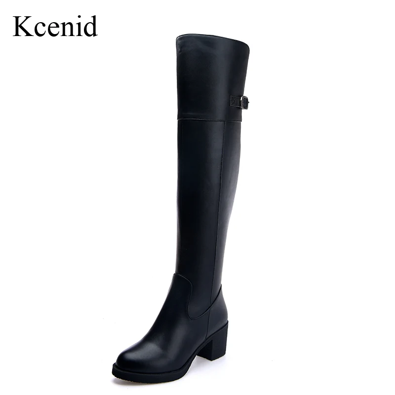 D'hiver Chaussures Noir Boucle Genou Mode Chunky Hiver Kcenid Qualité Talons Véritable Haute En Cuisse Femme Bottes Cuir IqqTO