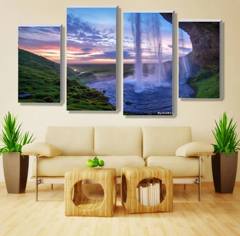 

4 Pieces Set Unframed Modular Waterfall Wall Art Painting Iceland Sunset Contemporary Art Canvas Prints Wall Picture Living Room