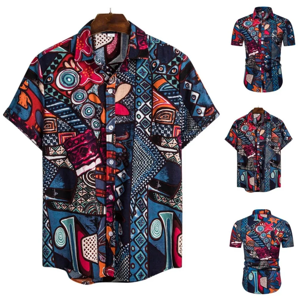 Мужская Этническая рубашка с коротким рукавом, повседневная, хлопок, лен, с принтом, гавайская рубашка, блузка, пара, свободная, гавайская, винтажная, африканская, с принтом