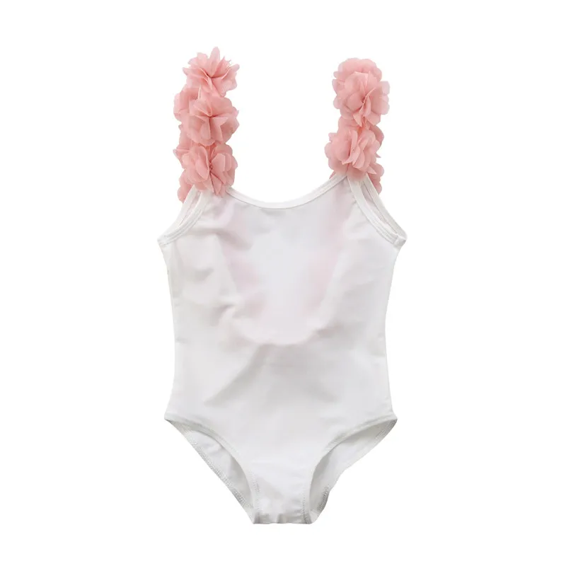 Летний модный купальник Бандаж с объемным цветком для маленьких девочек, купальный костюм - Цвет: Белый