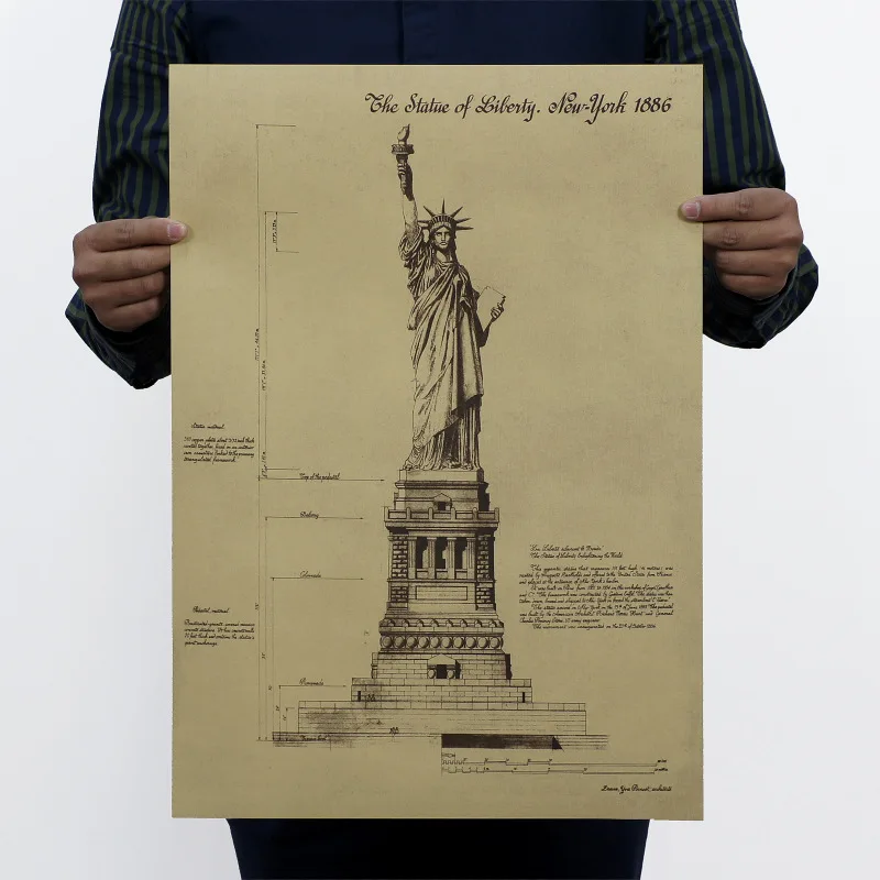 

USA Statue of Liberty Drawing Wall Sticker Kraft Retro Poster Painting Core Map DIY Home Garage Art Decoration Vintage Prints