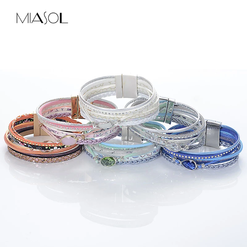 Miasol Trendy Leather Bracelet Rhinestone Wrap Multilayer Crystal Bracelets&ampBangles for Women Feminino Pulseras Mulher Jewelry |