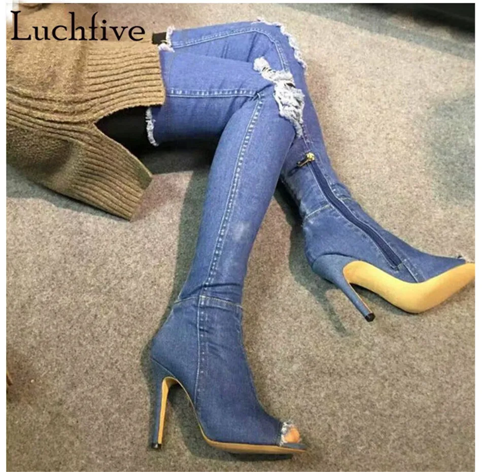 2017 denim blue over the knee boots woman sexy open toe thin high heels Ripped Distressed Jean thigh high boots for women ripped high low denim hooded dress