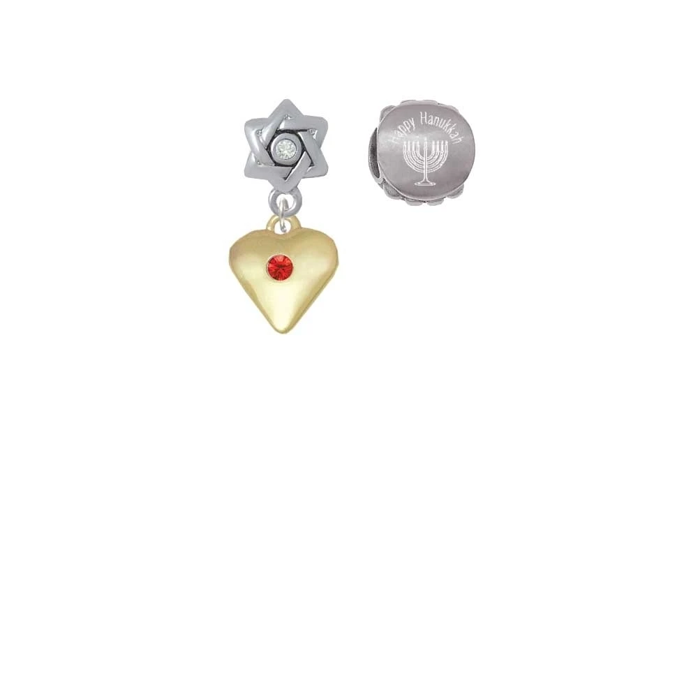 Goldtone Large July - Red Crystal Heart Happy Hanukkah Charm Beads (Set of 2)