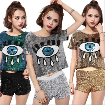 

2016 New Sequin Hip-hop Tops Big Eyes Printed Jazz DS Costume Performance Wear Hiphop Paillette T-shirt Short Sleeve Crop Top