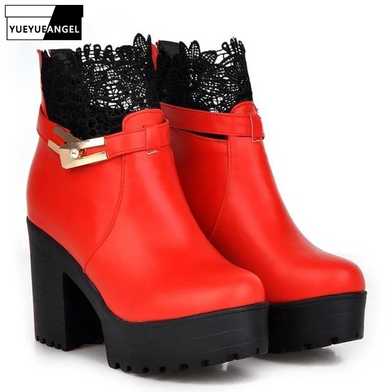 

Super High Heels Vogue Elegant Ladies Ankle Boots For Women Metal Buckle Rhinestone Sapatos Mulher Lace Sexy Back Zip Footwear