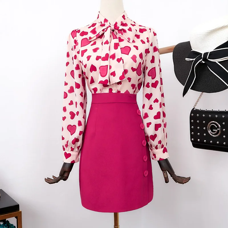 

2019 Hot Selling Cheap Price Elegant Women Summer Fashion Printing Outfits Bow Heart Shirt Slim Skirt Stunning Twin Sets