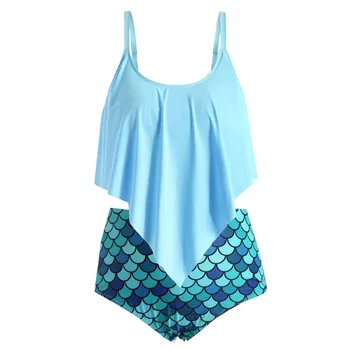 

Women Ruffles high waist Bikini 2020 Push Up Biquini Fish scale pattern Tankini Plus Size Beachwear Swimsuit Bikini Set Monokini