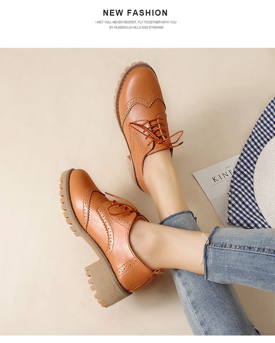 Women Oxfords Shoes Handmade Lace-up Round Toe Thick Heel Leisure Comfortable and Soft Office Lady Shoes