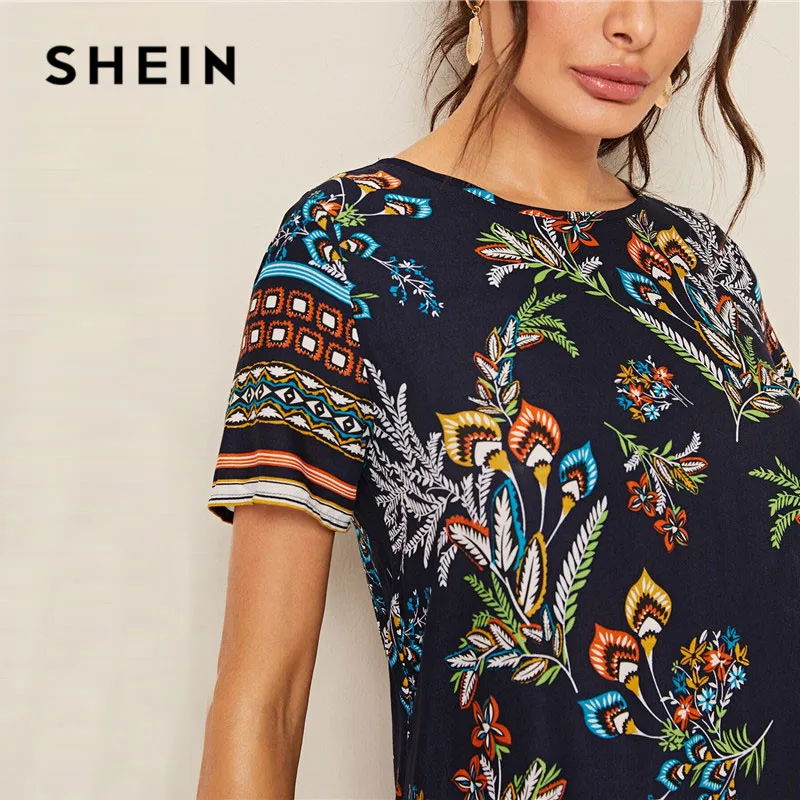 SHEIN летнее женское платье-туника с разноцветным принтом и замочной скважиной на спине,, короткий рукав, круглый вырез, бохо платье, прямое свободное мини-платье