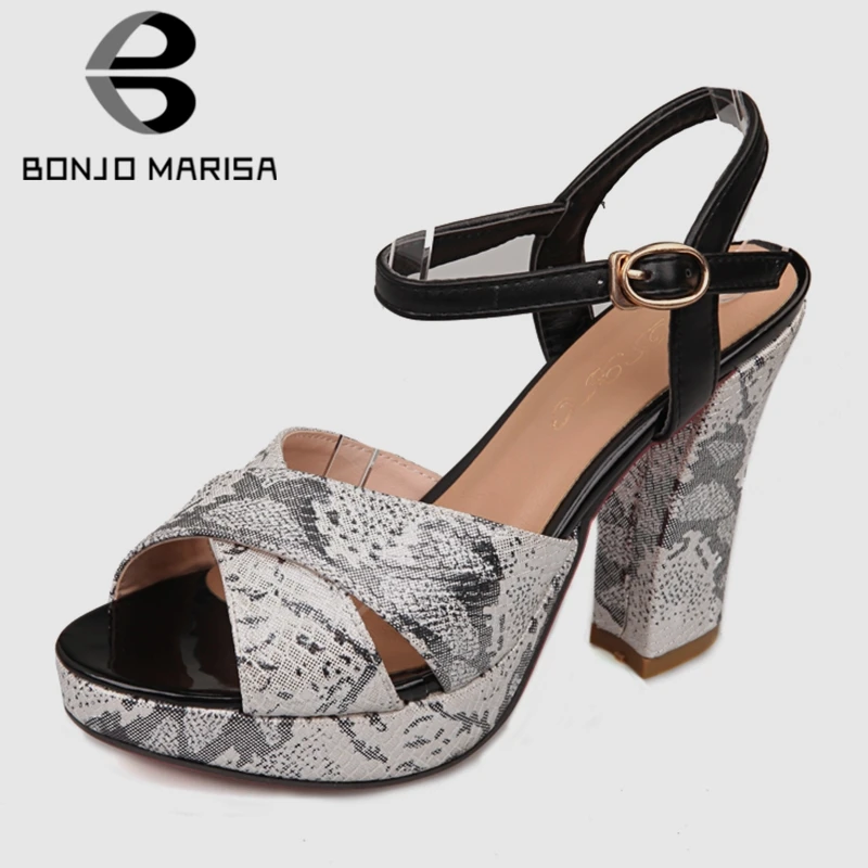 

BONJOMARISA New Fashion Women Snake Veins Platform Sandals Summer 2019 Large Size 33-43 Office Lady High Heels Work Shoes Woman