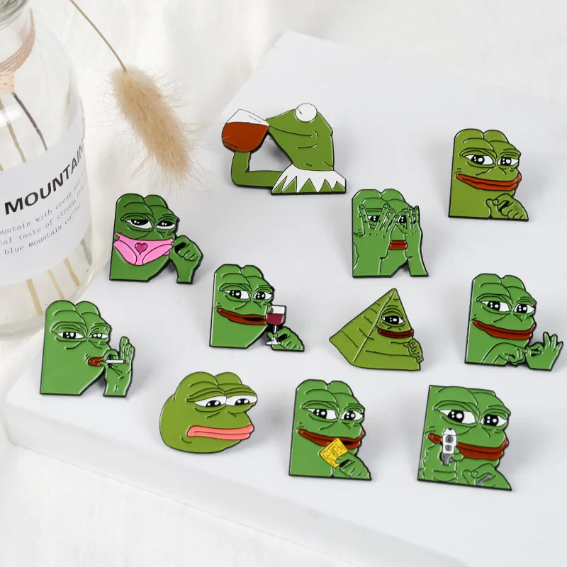 

Pepe the Frog Meme Enamel Pins Shooting Pyramid Thinking Drinking Funny 11 Styles Animal Brooch Badge Jewelry Gifts for Friends