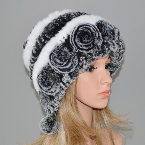 gray and white Зимние женские шапки в полоску, натуральный настоящий мех кролика, теплые вязаные шапки из натурального меха, русские уличные меховые шляпки - Цвет: gray and white