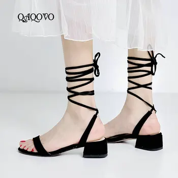 

2019 Summer Ankle Lace Up Gladiator Sandals Flock Women Shoes comfy Square Low Heels Casual Shoes Beige Black Big Size 43