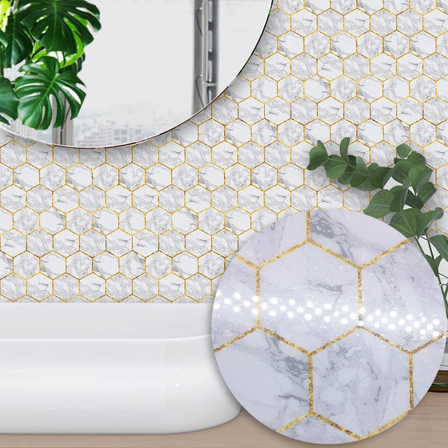 Funlife Hexagonal White Marble Tiles Self Adhesive Wall Decal Funlife Hexagonal White Marble Tiles Self Adhesive Wall Decal Bathroom Waterproof Kitchen Anti Oil Stickers