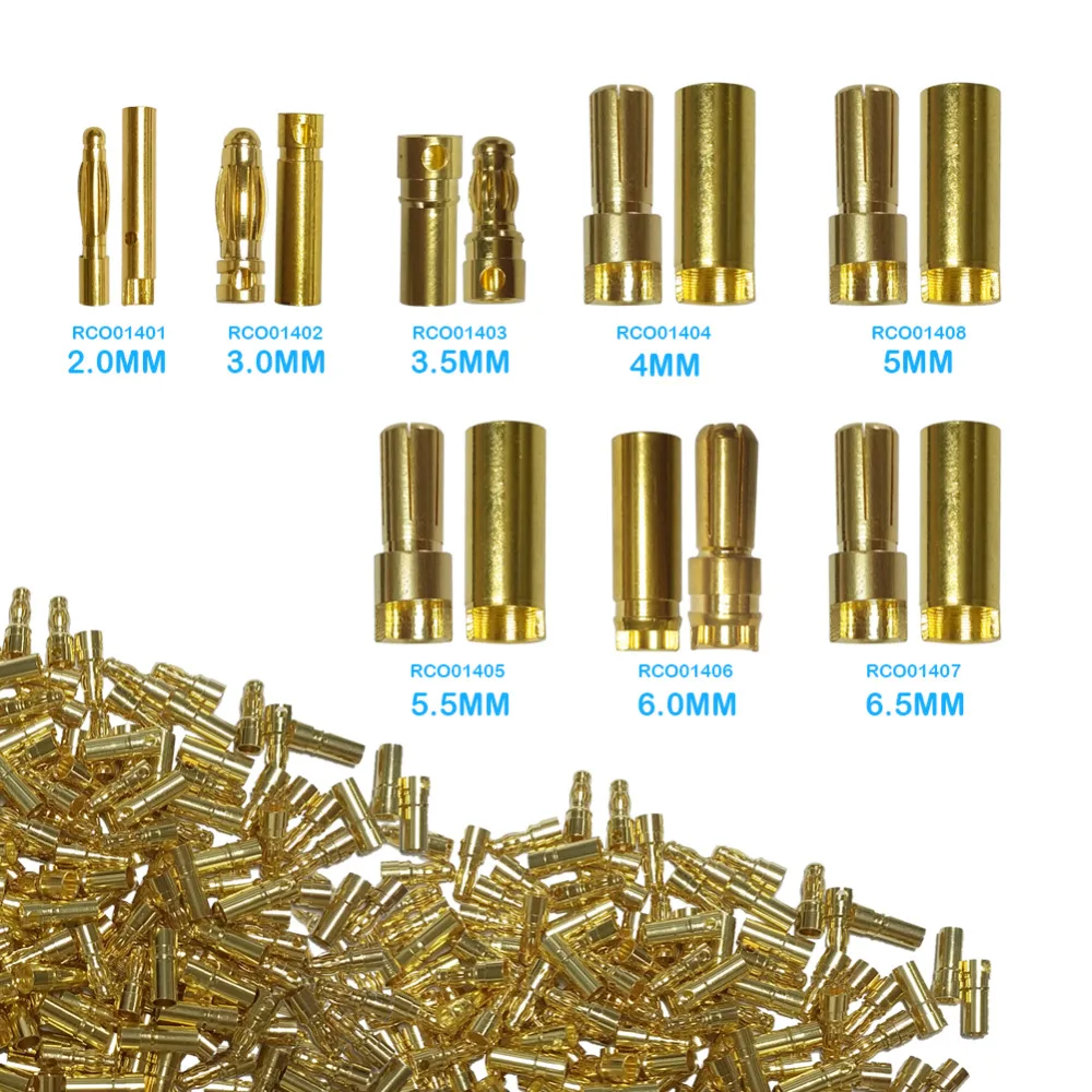 100 pairs Bullet Connector Plug 2.0/3.0/3.5/4.0/5.5/6.0/6.5mm Battery Connector Green Gold Plated Stereo Plug Banana Head