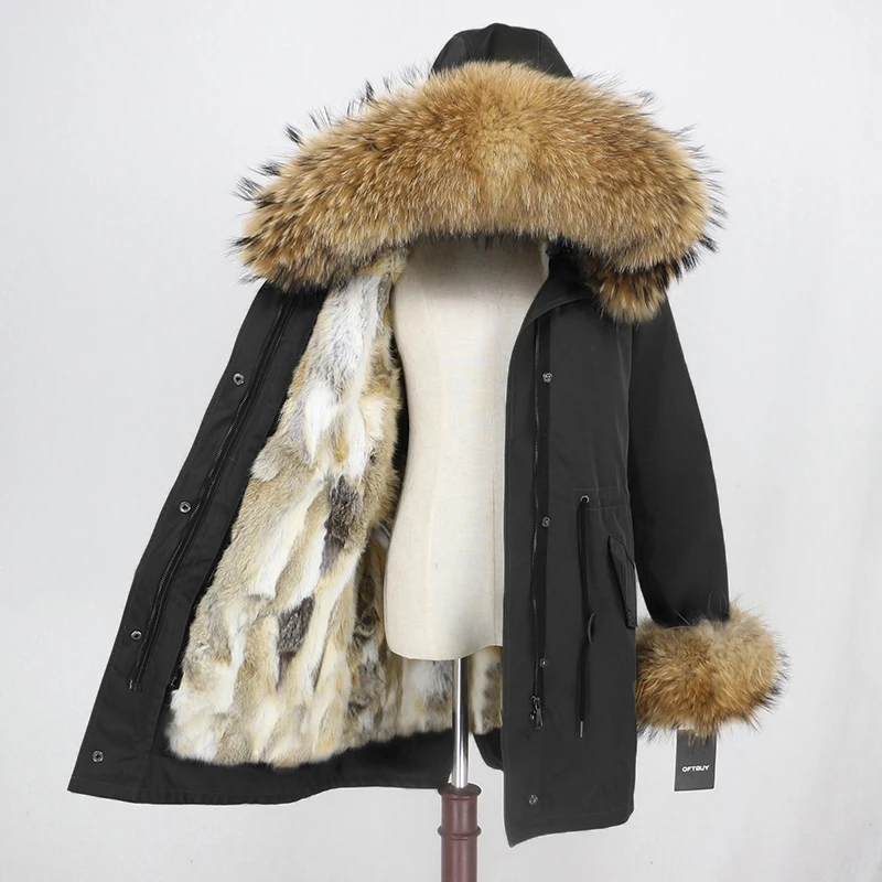 OFTBUY Long Waterproof Parka Real Fur Coat Natural Fur Collar Hood Winter Jacket Women Rabbit Fur Liner Thick Warm Detachable