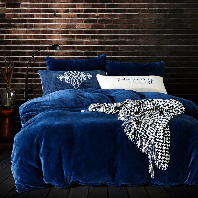 4pcs thicken flannel winter Pure blue bedding sets reactive printing