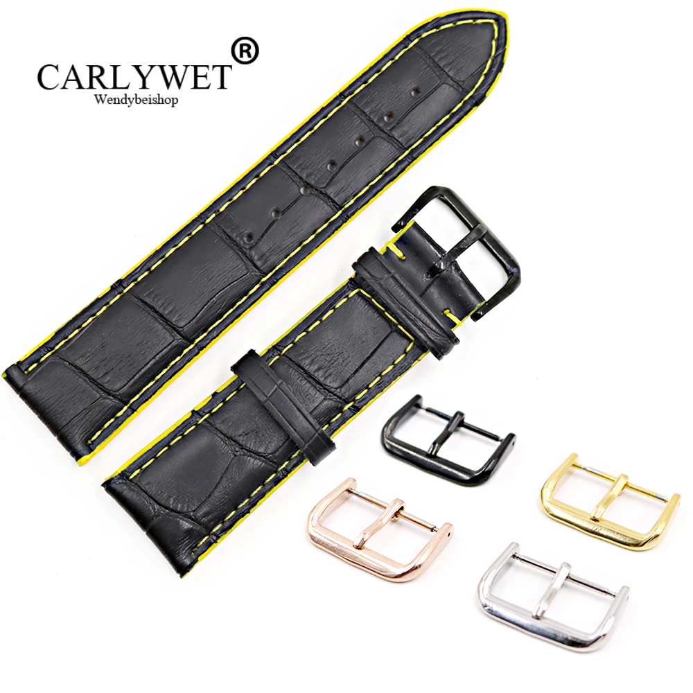 

CARLYWET 18 20 22mm Black Real Leather Handmade Yellow Stitches Replacemet Watch Band Strap With Silver Color Polished Buckle