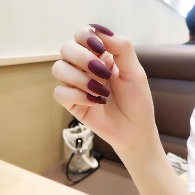 24pcs Set Matte Frosted Ballerina Coffin Fake Nails Tips Trapezoidal 24pcs Set Matte Frosted Ballerina Coffin Fake Nails Tips Trapezoidal Designs Long Full Cover Wine