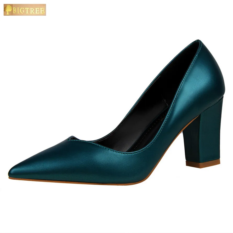 women pumps comfortable thick with high heel 8CM leather temperament shallow mouth pointed hollow out single woman shoes