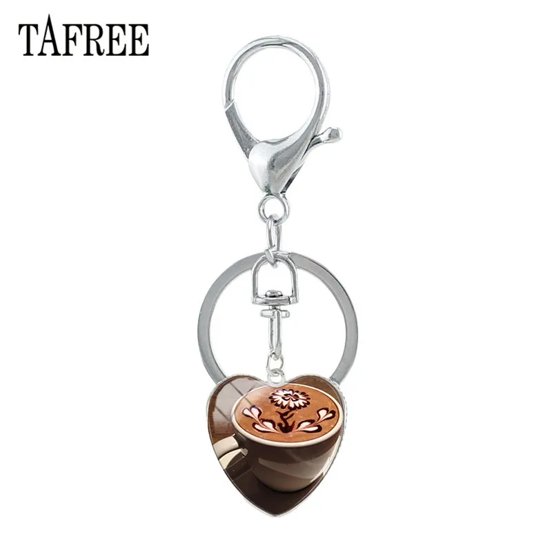 

TAFREE Heart Charms Keychain Coffee Latte Cappuccino Art Picture Glass Cabochon Key Ring Keyring Key Bag DIY Friends Gift Hp276