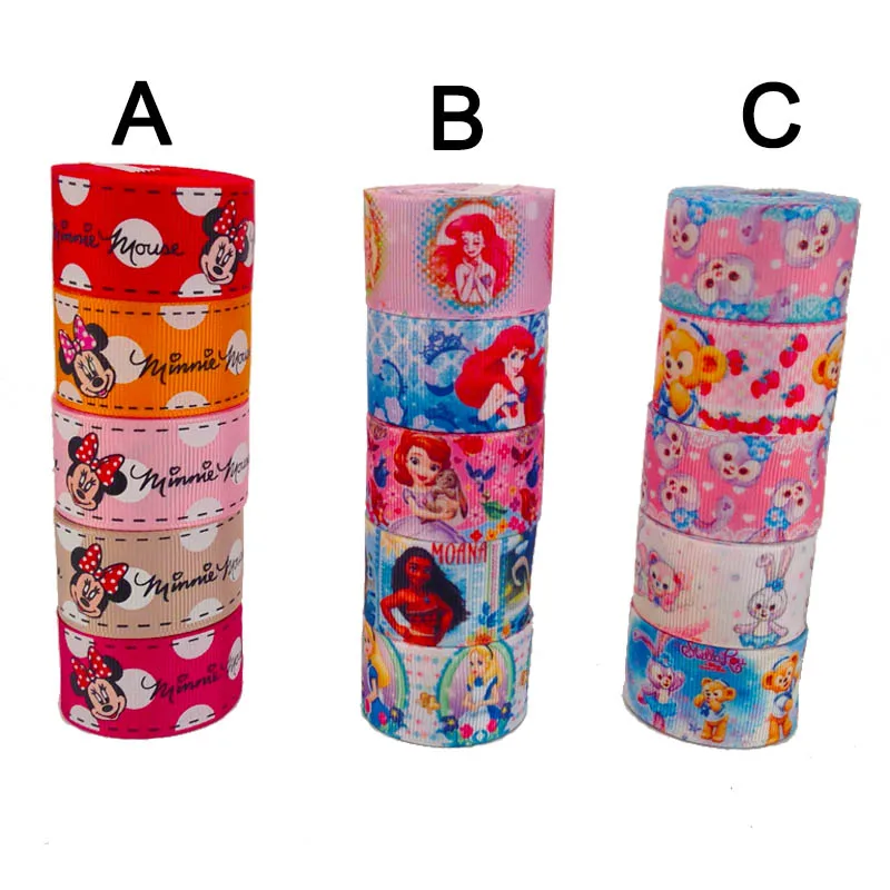 

New fixed set 22/25mm cartoon printed grosgrain ribbon,15 yards mixed 5 style,each 3 yards
