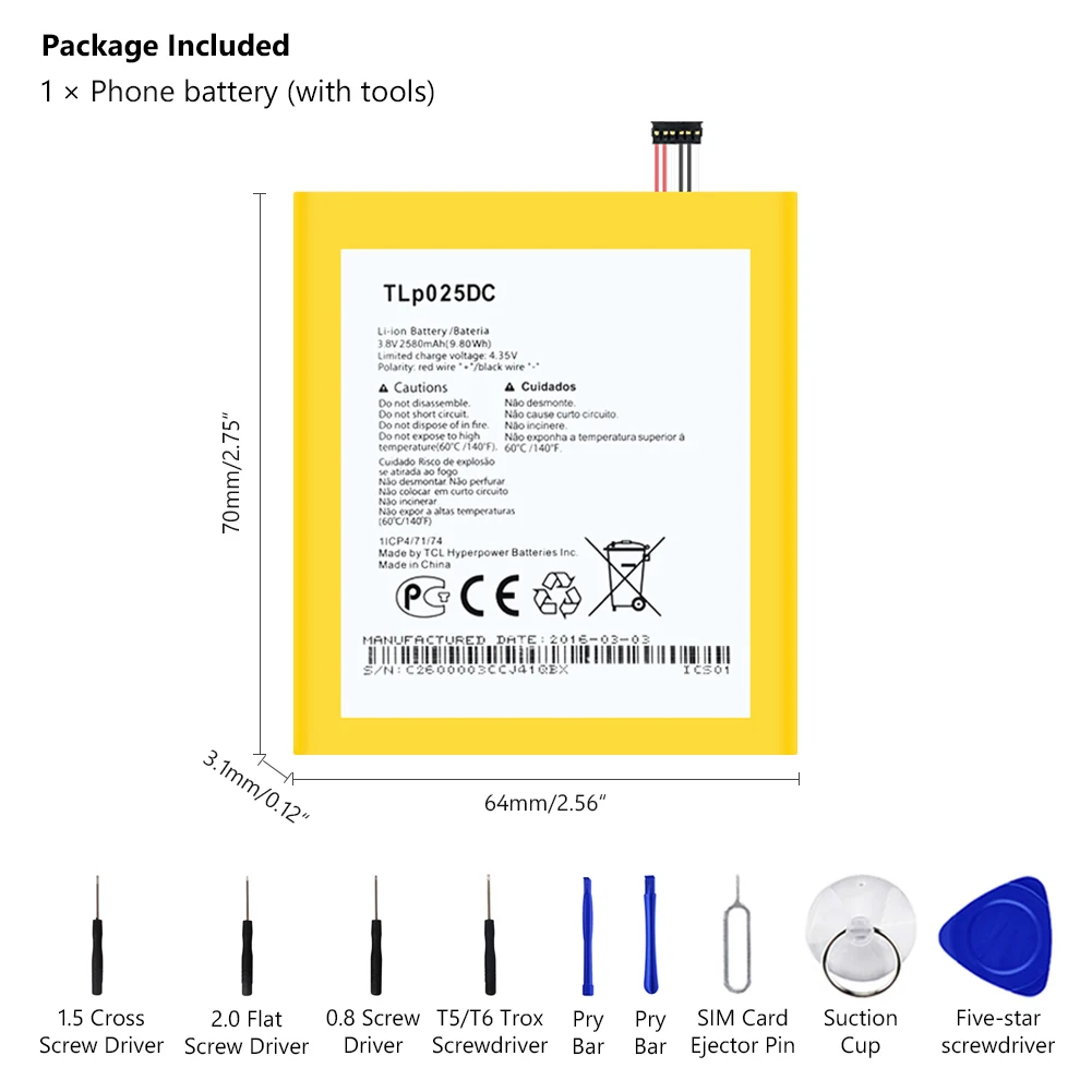 Аккумулятор TLP025DC 2580 мАч для Alcatel One Touch Pixi 4 6 0 8050D две Sim карты 9001A 9001X 9001D TLp025D2 батареи