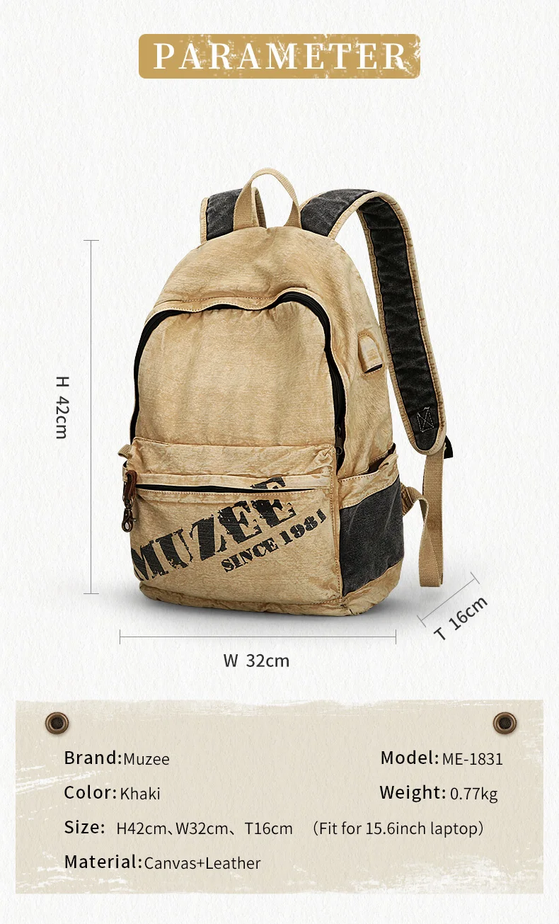 Винтажный холщовый мужской рюкзак для ноутбука с usb-зарядкой, школьный рюкзак для колледжа, прочный рюкзак для ноутбука, подходит для 15,6 дюймов