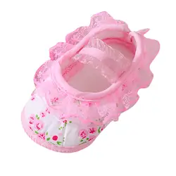 Новорожденных для маленьких девочек мягкая обувь укрепленный кружевные с цветочным принтом обувь для колыбельки для маленьких девочек