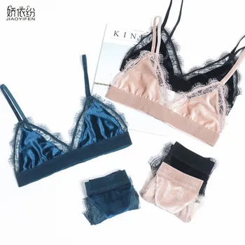 

Vintage Velvet Women Underwear Set Sexy Lace Ultra-thin Bra Set High Quality Triangle Cup Push Up XL Plus Size French Bralette