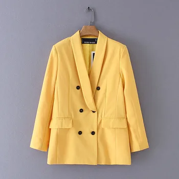 

KoHuiJoo Ladies Long Sleeve Elegant Blazers Fashionable Double Breasted Solid Women Blazer Jacket Female Work Coat Yellow