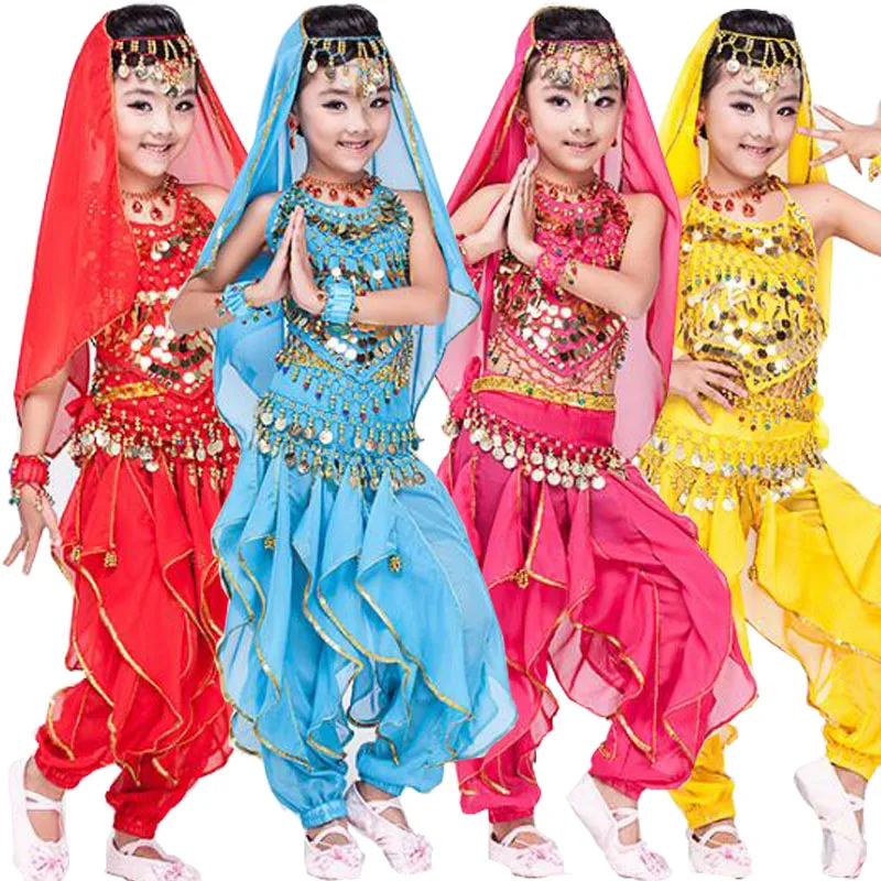 

4 pcs(top+Pants+belt+hand chain) Children Belly Dance Costumes Kids Belly Dancing dress Girls Ballroom Performance dancewear