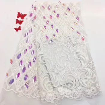 

2019 African white lace fabric soft embroidery Nigerian lace fabric bride high quality French sequin chiffon lace fabric women