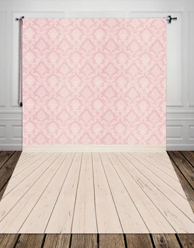

HUAYI Pink Damask Backdrop With Vintage Wood Floor Art Fabric Newborn Backdrop XT-2341