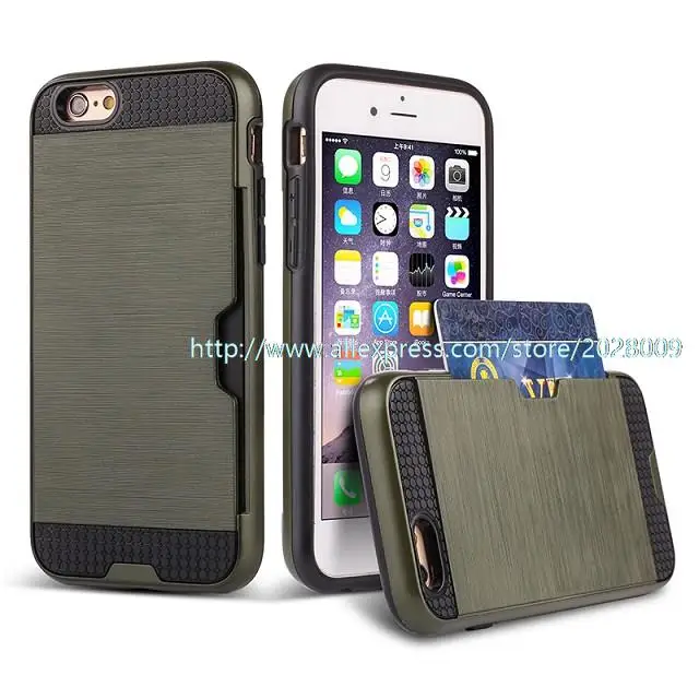 500pcs armor brushed  with card holder slot 2 in 1 hybrid TPU plastic cases for iphone 6s plus 6 plus 6s 6 5s 5 hard back covers