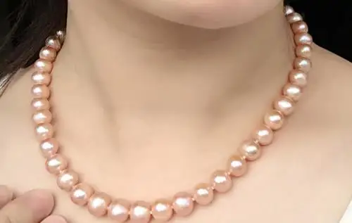 

PINK 18" 10-9 MM SOUTH SEA NATURAL GOLD PEARL NECKLACE 925silver CLASP