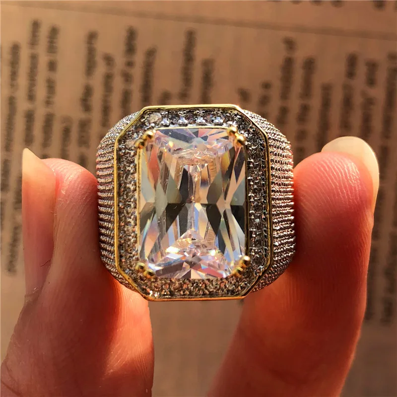 Великолепное большое мужское фиолетовое геометрическое кольцо с кристаллами, белым циркониевым камнем, обручальное кольцо, 18 К, Золотые Большие обручальные кольца для мужчин
