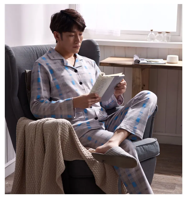 Весна 100% хлопок Для мужчин полосатый пижамный комплект с длинными рукавами удобный кардиган для отдыха мужские домашняя одежда L-XXXL