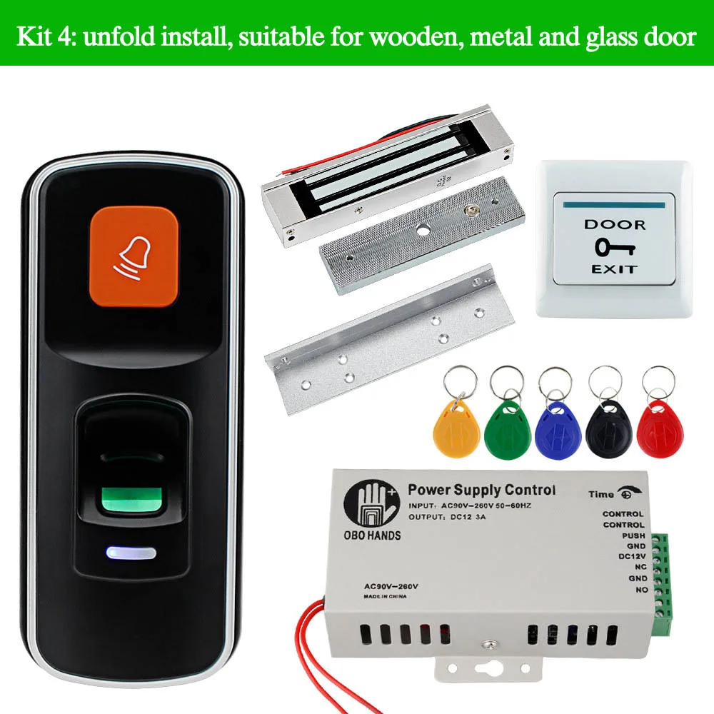 Kit4 OBO RFID система контроля допуска к двери комплект 125 кГц отпечатков пальцев Биометрические+ электрические магнитные электронные замки+ DC12V источник питания - Цвет: Kit4